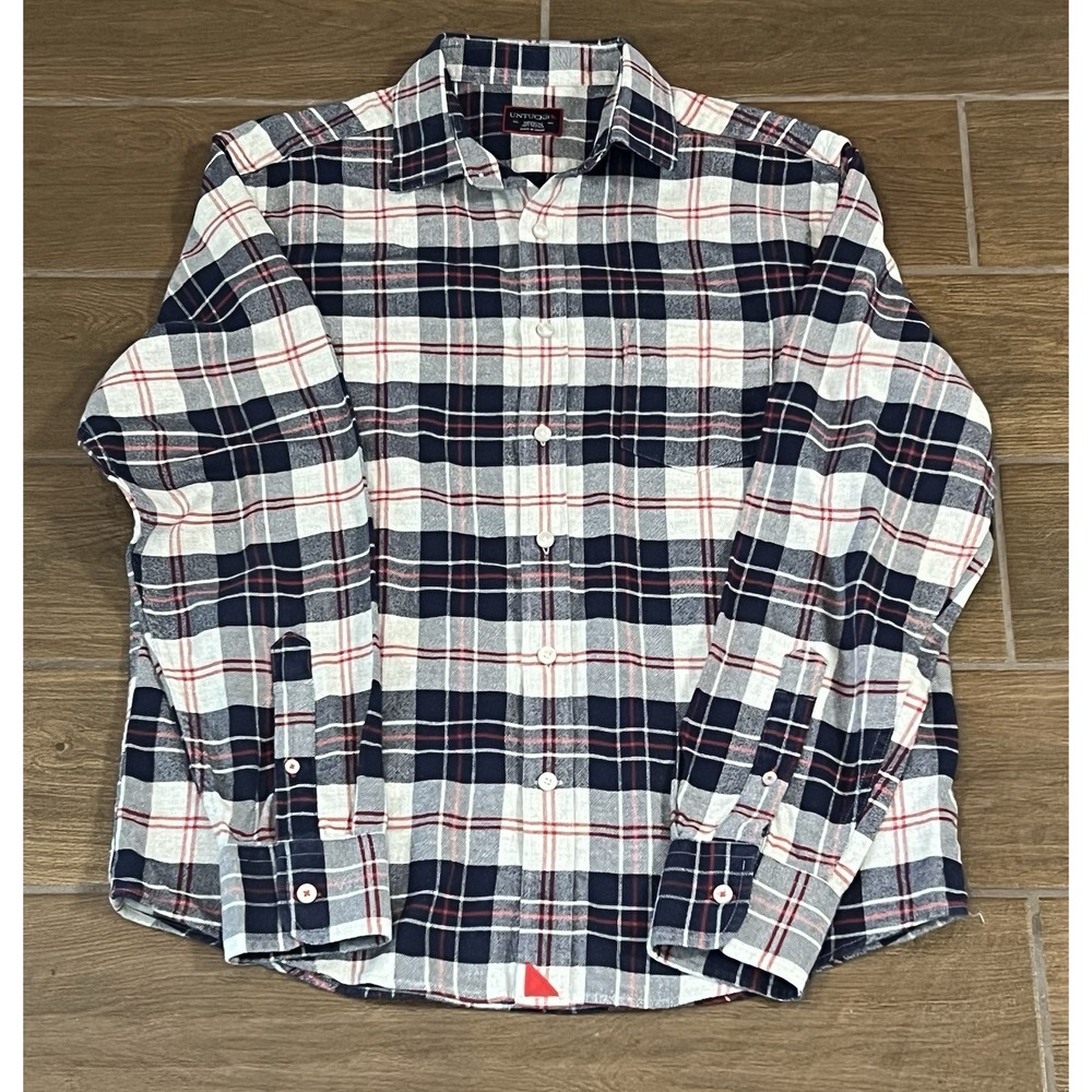 Untuckit Men's Campeneta Soft Flannel Gray Blue Plaid Button Up L/S Shirt Medium